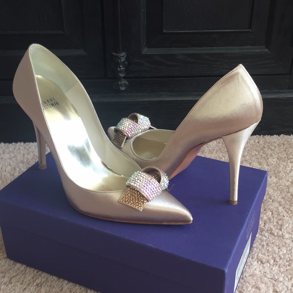 Gold satin pumps with Swarovski crystal bow - Picture 2 of 5